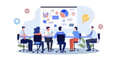 Profesyonellerle yapılan ve ekranlar hakkındaki verileri analiz eden, işbirliği ve yenilikleri vurgulayan bir iş toplantısını tasvir eden bir vektör ilülasyonu.