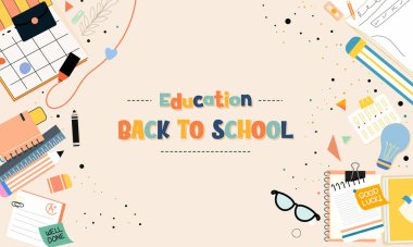 Canlı eğitim araçları ve kırtasiye malzemeleriyle okula dönüşünü kutlayan çekici bir vektör illüstrasyonu.