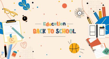 Kırtasiye ve spor malzemeleri gibi okul unsurlarıyla eğitime odaklanmış canlı bir vektör illüstrasyonu.