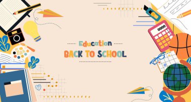 Eğitim araçlarını içeren dinamik bir vektör illüstrasyonu, renkli grafiklerle okula dönüşünü kutluyor.