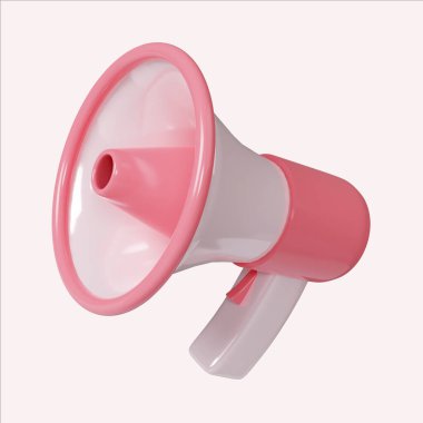 Pembe bir megafonun cilalı 3D görüntüsü, pazarlama iletişimini ve e-ticaret reklamını sembolize ediyor..