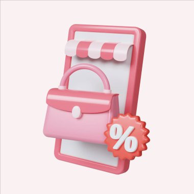 Perakende satış ve promosyonları temsil eden indirimli etiketli bir alışveriş çantasının canlı bir 3D çizimi.