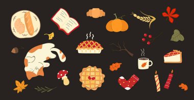 Güz temalı hoş elementlerin büyüleyici bir koleksiyonu, enfes bir vektör illüstrasyonunda yiyecek, mum ve renkli yapraklar sergileniyor..