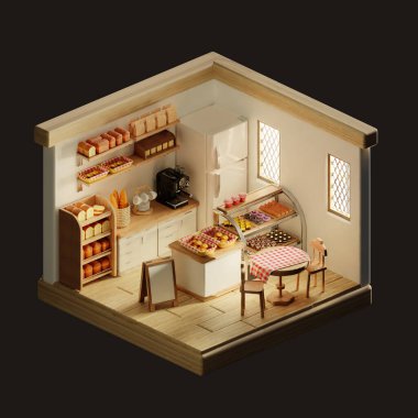 Nefis fırınlarla dolu büyüleyici bir köşe fırınının 3 boyutlu sunumu..