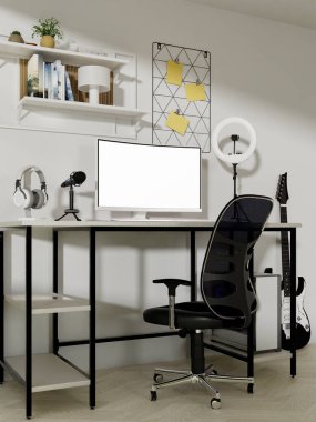 İçerik oluşturma ve üretkenlik için mükemmel bir minimalist çalışma alanına sahip işlevsel bir yayın odası.