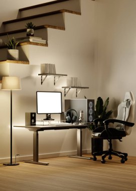 Minimalist bir masa, gelişmiş ses ekipmanları ve yaratıcılar için rahat bir atmosferi olan çağdaş bir yayın odası..