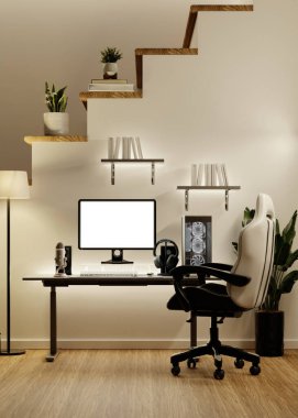 Modern masa düzenine, ergonomik sandalyeye ve şık dekora sahip gösterişli bir yayın odası içerik yaratmak için mükemmel..