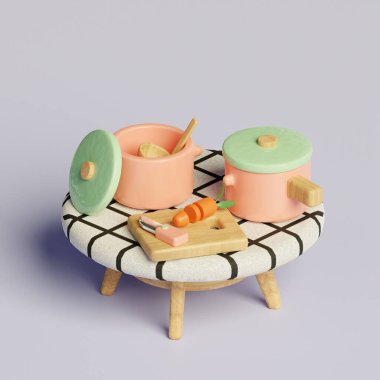 Çağdaş bir masa düzeninde, yemek meraklıları için mükemmel, eğlenceli tencere ve sebzelerin yer aldığı minimalist bir 3D canlandırma..