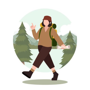 Doğal bir manzarada doğa yürüyüşü, ekme ve vahşi yaşam fotoğrafçılığı da dahil olmak üzere eko turizm faaliyetlerini gösteren bir vektör illüstrasyonudur..