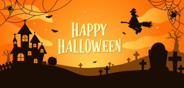 Canlı bir Cadılar Bayramı sahnesi. Perili evlerin ve yarasaların ürkütücü siluetleri turuncu bir zemin üzerinde. Kutlamalar için mükemmel..