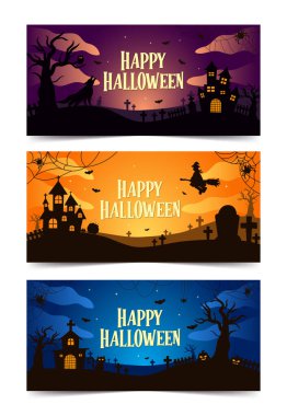 Evleri, yarasaları ve siluetleri olan renkli ürkütücü temalı üç panelli Cadılar Bayramı tasarımı. Tatil süslemeleri ve kutlamalar için ideal..