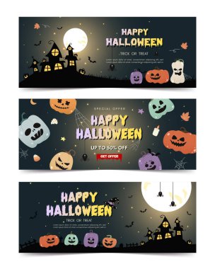 Renkli bir Cadılar Bayramı tasarımı perili evler ve neşeli balkabakları sergiliyor. Cadılar Bayramı için mükemmel..