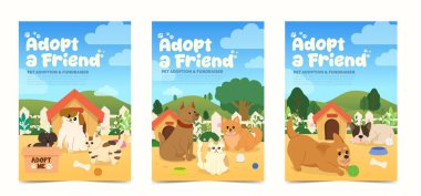 Evcil hayvan evlat edinme etkinliğini tanıtan hoş bir vektör illüstrasyonu. Oyuncak köpekler ve açık havada dost canlısı kediler..