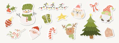 Neşeli tatil karakterleri, dekorasyonları ve sembolleri eğlenceli ve kaprisli bir şekilde sergileyen bir Noel kutlaması çıkartmaları koleksiyonu..