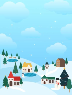 Büyüleyici bir kış kutlaması sahnesi bir kardan adamı, pitoresk köy evlerini ve dingin göletleri gösteriyor. Tatil teması için mükemmel. Vektör illüstrasyonu.
