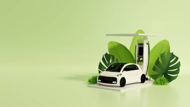 A modern interpretation of electrical transportation with an electric car at an eco-friendly charging station, highlighted by a lush green background.