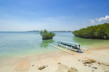 Beyaz kumlu temiz mavi deniz manzarası ve plajın kenarında ve sık mangrov ağaçları ve plajın kenarında Tawun Sekotong plajında mavi gökyüzü ile demirlenmiş gemiler var.