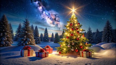 Christmas Tree And Gift Boxes On Snow In Night With Shiny Star and Forest - Winter Abstract Landscape clipart