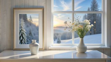 A delicate vase adorns a tall white window, resting on a white wooden table. A framed picture of a snowy landscape serves as the background clipart