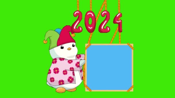 Animation Cartoon Penguin Happy New Year 2024 Celebration Green Background — Stock Video