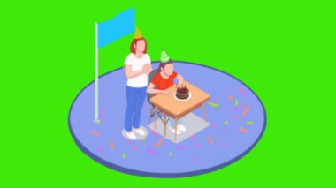 2D izometrik çizgi film, kızların doğum günü kutlaması, pasta, masa, konfeti ve bayrak yeşil arka planda, parti