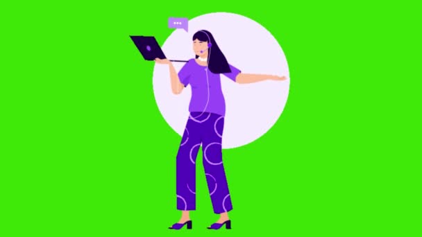 2D平板动漫女企业家在笔记本电脑绿色背景 办公室工作 自由职业 创意等方面的交流 — 图库视频影像
