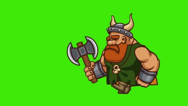Animasyon Çizgi Filmi Viking Çift Bıçaklı Balta Tutuyor Yeşil Arka — Stok video