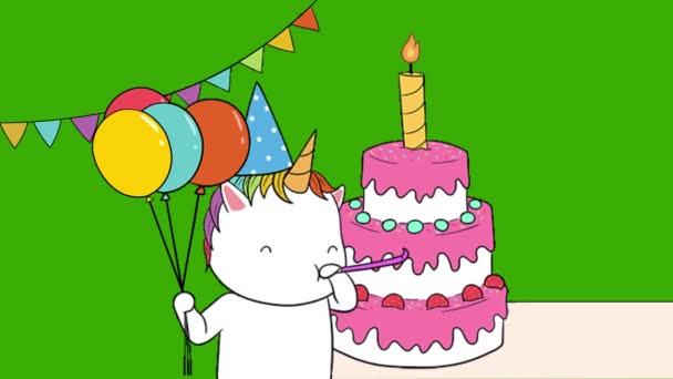 Animation Cartoon Unicorn Celebrating Birthday Balloons Cake Decoration Green Screen — Stock Video