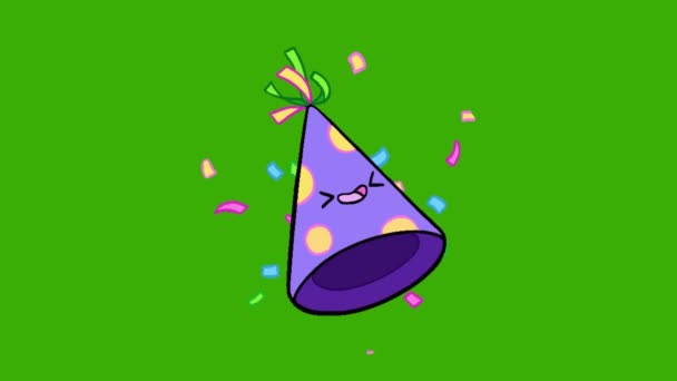 2Dアニメーション ポップ 緑のスクリーンの背景 お祝い 誕生日 党のポーパーが付いている党帽子 — ストック動画