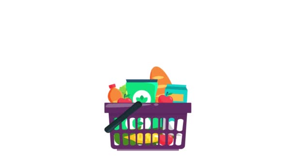 2Dアニメーション 食糧が付いている食糧 飲み物 アニメーション 食料品 白い背景 4Kのショッピング バスケット — ストック動画