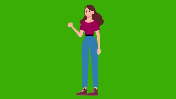 Анимация Мультфильм Счастливая Молодая Женщина Девушка Стоит Показывает Большой Палец — стоковое видео