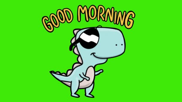 Animatie Cartoon Schattig Dinosaurus Goedemorgen Illustratie Groen Scherm Achtergrond Chroma — Stockvideo