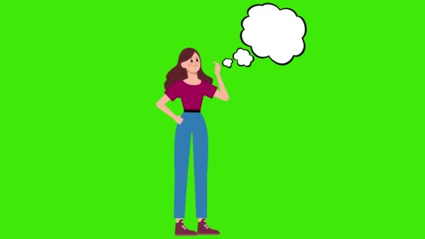 Animacja Kreskówka Dziewczyna Myśląca Szukająca Odpowiedzi Drapiąca Głowa Chmura Zielony — Wideo stockowe