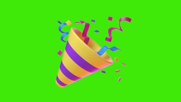День Рождения Праздник Наклейки Труба Конфетти Анимированный Значок Зеленом Фоне — стоковое видео