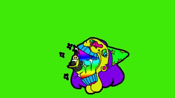 紫色の髪と緑の帽子が付いている不気味なピエロの漫画のイラスト — ストック動画