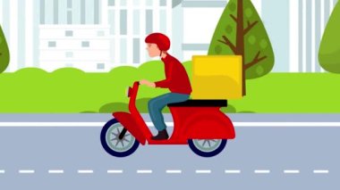 Animasyon, karikatür, motosiklet süren genç bir adam teslimat kutusu, şehir manzarası arka planı, motosiklet, scooter...