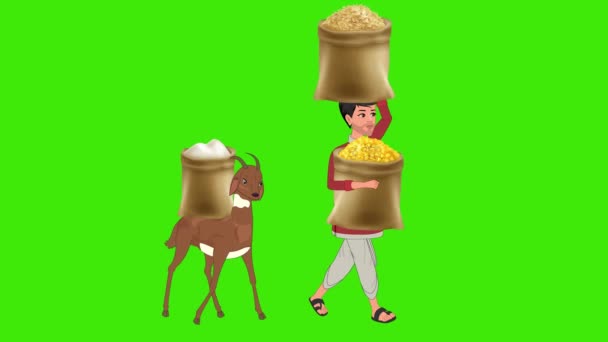 Homem Animado Pegar Sacos Grãos Andando Tela Verde Com Cabra — Vídeo de Stock