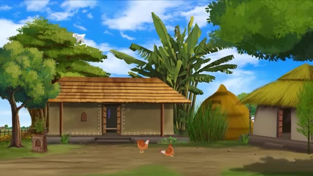 Animatie Achtergrond Cartoon Dorp Indisch Dorp Oude Hut Planten Hen — Stockvideo
