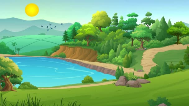 Animation Dessin Animé Lac Forêt Montagne Ciel Paysage Animé Fond — Video