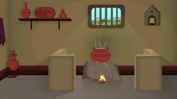 Animáció Rajzfilm Szegény Ház Belső Háttér Szegény Konyha Égő Tűzhely — Stock videók