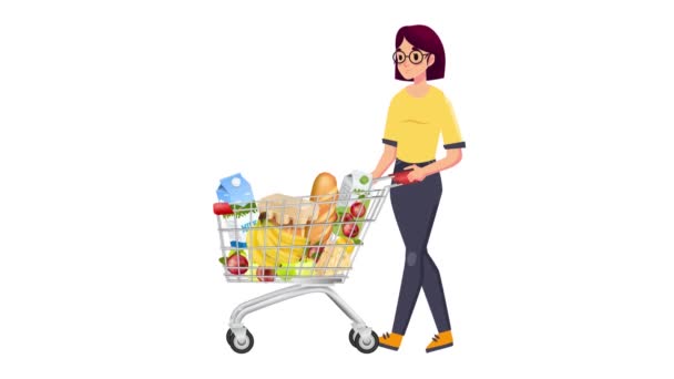 Animation Cartoon Woman Walks Fully Loaded Shopping Cart Woman Walking — Stock Video