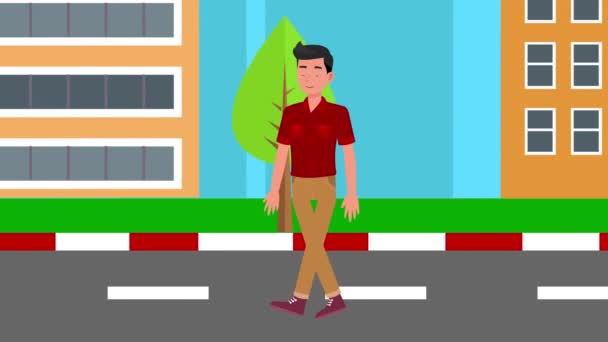 Animowany Mężczyzna Spacerujący Drodze Kreskówki Miasto Chłopiec Charakter — Wideo stockowe