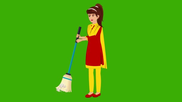 Menina Animado Piso Limpeza Com Escova Menina Escova Limpeza Vídeo — Vídeo de Stock