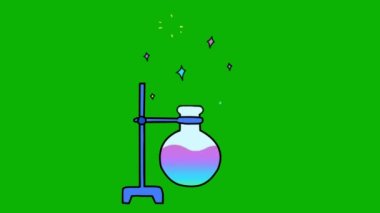 Yeşil arka planda 2D karikatür bilimi kimyasal deneyleri. Fizik, kimya, biyoloji. Deney illüstrasyon, kimyasal işlem. Çizgi film eğitimsel ölçümler için iyidir, vs.