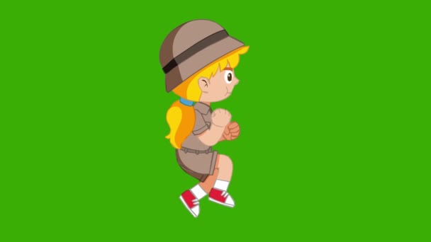 2Dアニメーション漫画サファリガールは 緑の背景 サファリの衣装 女性への攻撃を避けるためにジャンプ — ストック動画