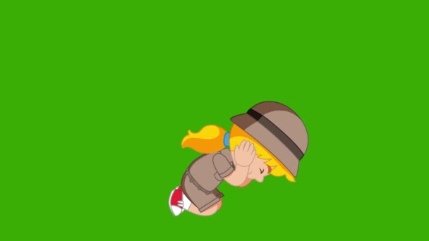 Анимации Мультфильм Сафари Девушка Приседает Избежать Нападения Зеленый Фон Сафари — стоковое видео