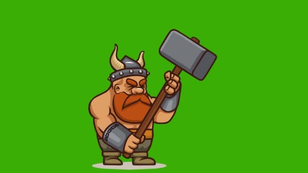 Animation Cartoon Viking Hammering Ground Green Background Hammer — Stock Video