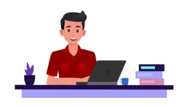 2d animasyon, çizgi film, masada oturan ve beyaz arka planda konuşan adam, dizüstü bilgisayar, dosyalar, kahve, erkek, erkek.