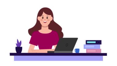 2d animasyon, çizgi film, masada oturan ve beyaz arka planda konuşan kadın, dizüstü bilgisayar, klasörler, kahve, kız, kadın, kadın