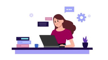 İş kadını dizüstü bilgisayar / 2D animasyon, çizgi film, dizüstü bilgisayarda çalışan kadın, iş kadını, kadın, hareket grafikleri, beyaz arka plan, kız